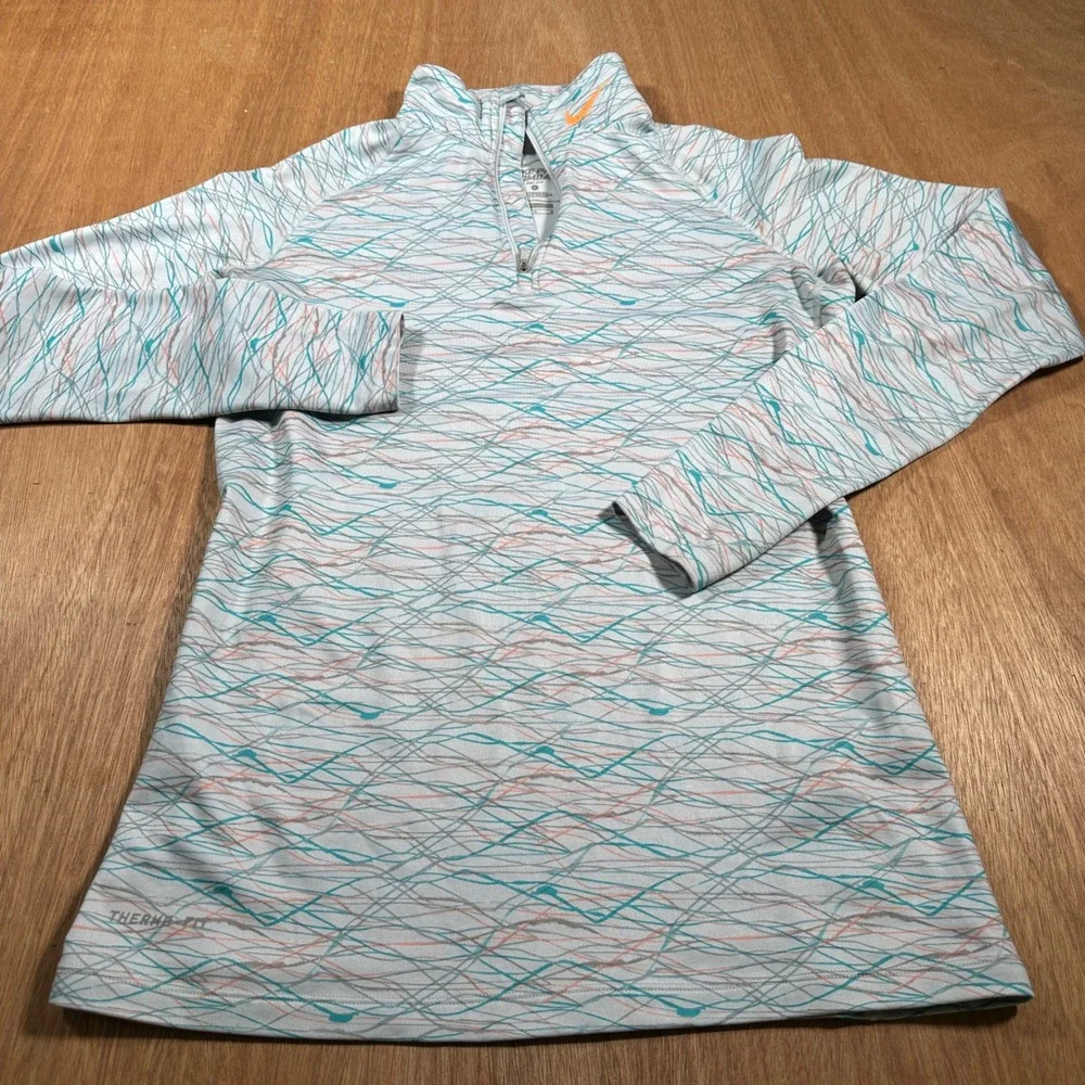 Nike Pro Combat Hyperwarm Top Women Large Gray Teal Orange 1/4 Zip Pullover